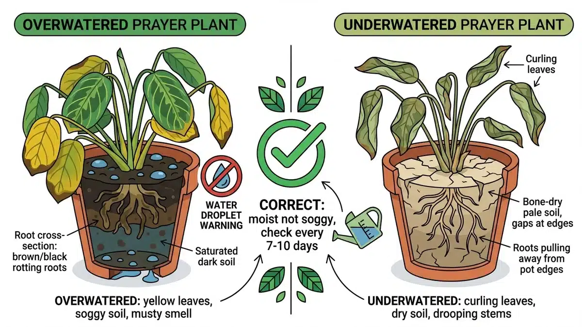 Prayer plant overwatered vs underwatered comparison showing symptoms and correct watering