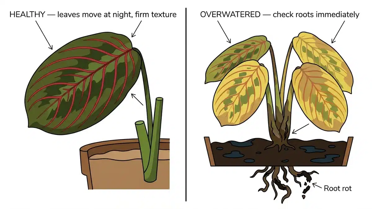 Comparison of healthy prayer plant vs overwatered plant with yellowing leaves and root rot