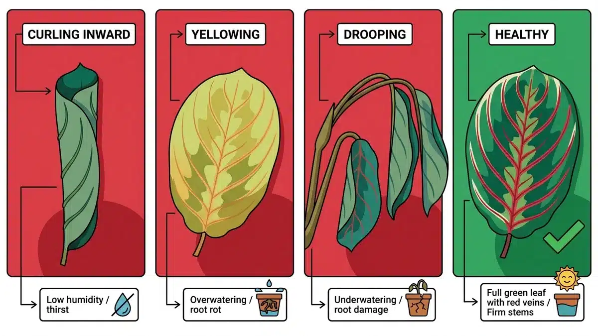 Prayer plant problems diagnosis chart showing curling, yellowing, drooping vs healthy