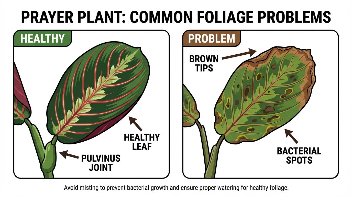 prayer-plant-problems-foliage-comparison A comparison showing a healthy prayer plant leaf next to a leaf suffering from brown crispy edges and dark bacterial spots.