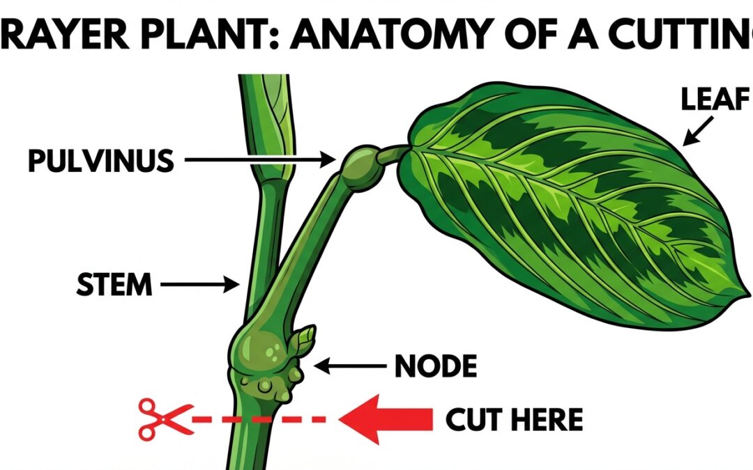 Anatomy diagram of a prayer plant stem showing the leaf, pulvinus, and the correct node location for a cutting.