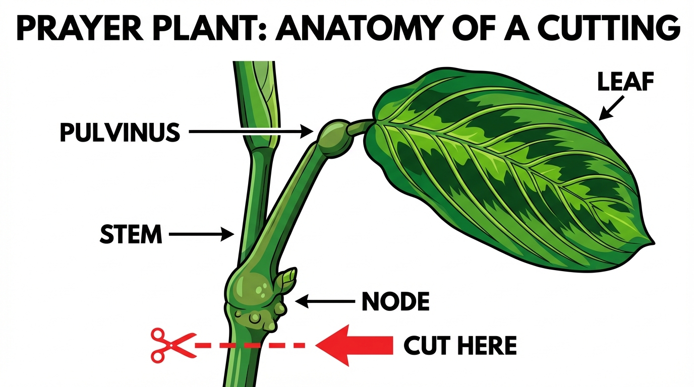 Anatomy diagram of a prayer plant stem showing the leaf, pulvinus, and the correct node location for a cutting.