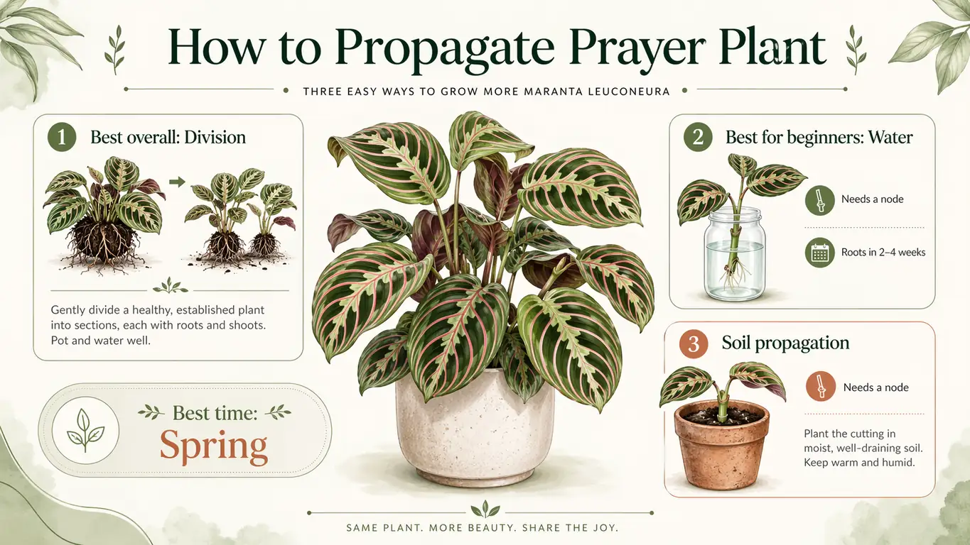Prayer plant propagation infographic showing division, water propagation, soil propagation, and the importance of nodes.
