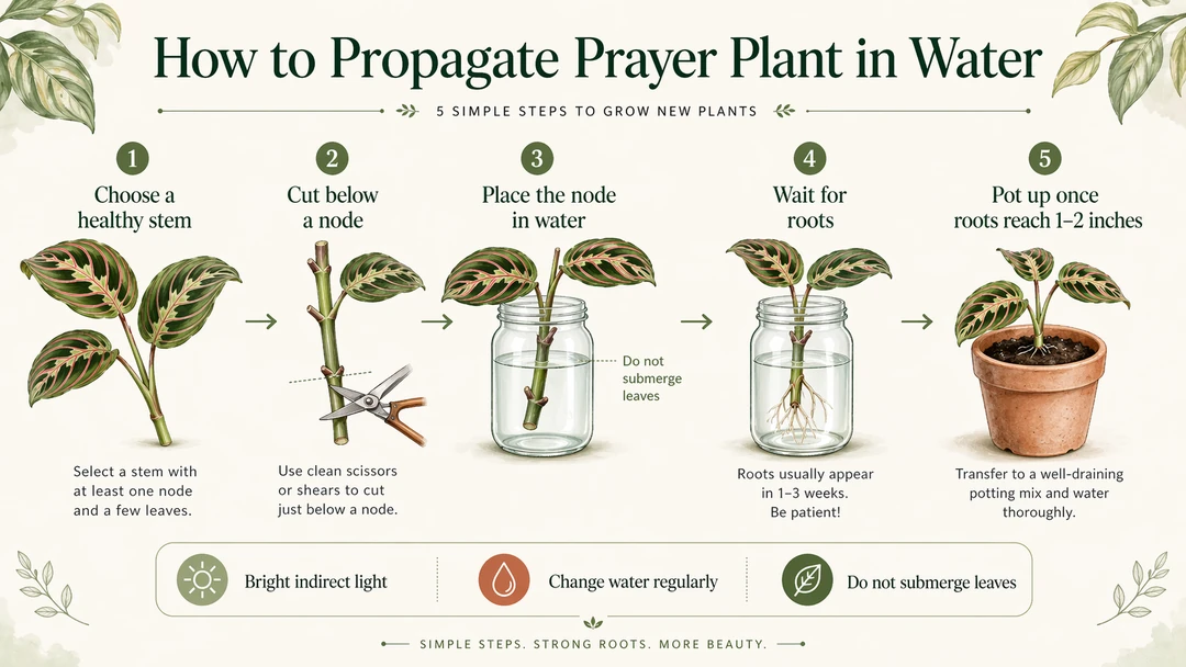 Step-by-step infographic showing how to propagate a prayer plant in water from cutting below a node to potting rooted stems.