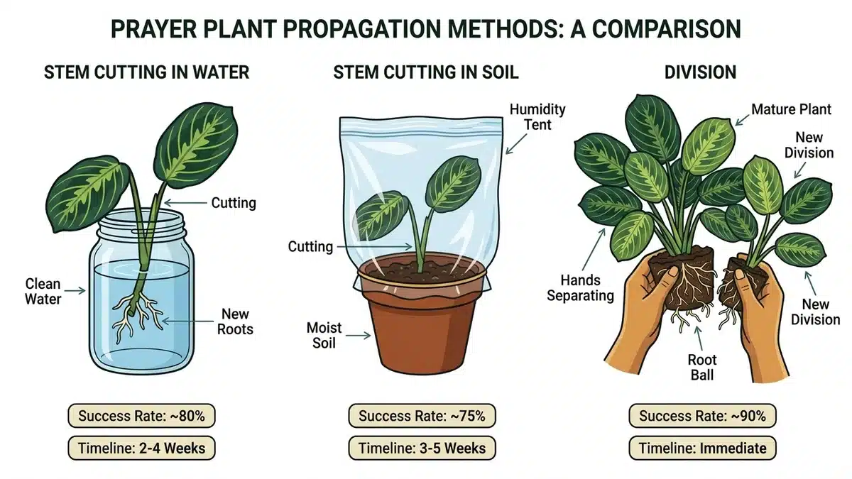 Comparison infographic showing division, water propagation, and soil propagation methods for prayer plants.