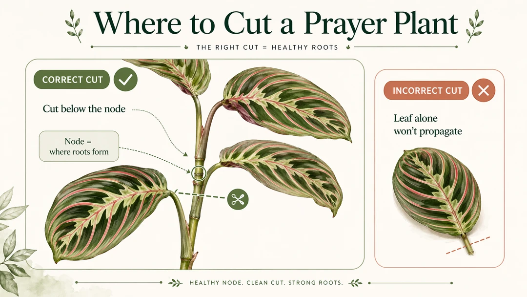 Prayer plant node guide showing where to cut below the node and why a leaf-only cutting will not root properly.