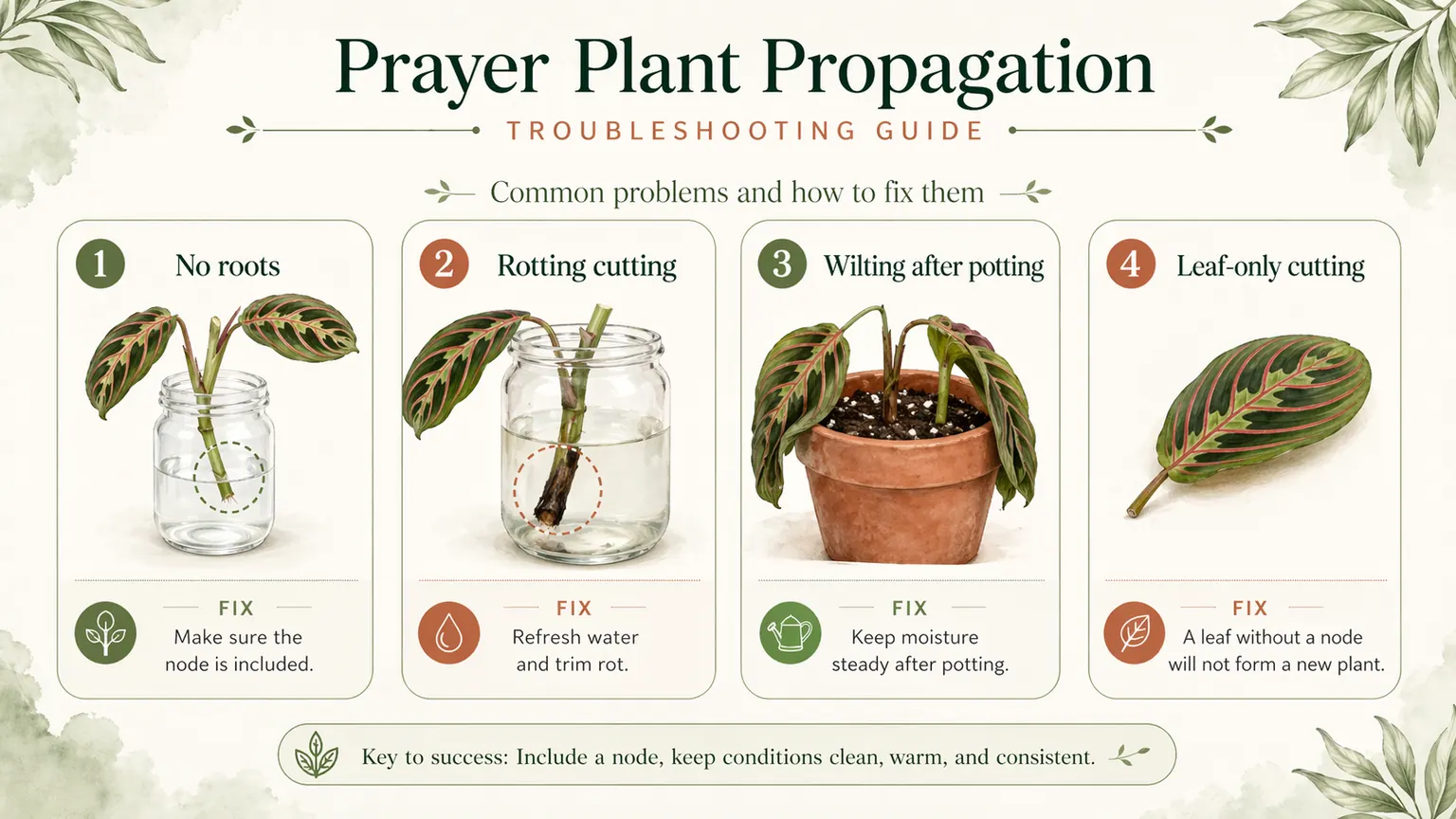 Prayer plant propagation troubleshooting infographic showing missing nodes, rotting cuttings, wilting after potting, and moisture problems.