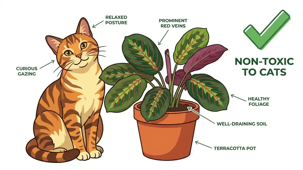 Prayer plant toxic to cats infographic showing Maranta leuconeura as non-toxic for cats and dogs