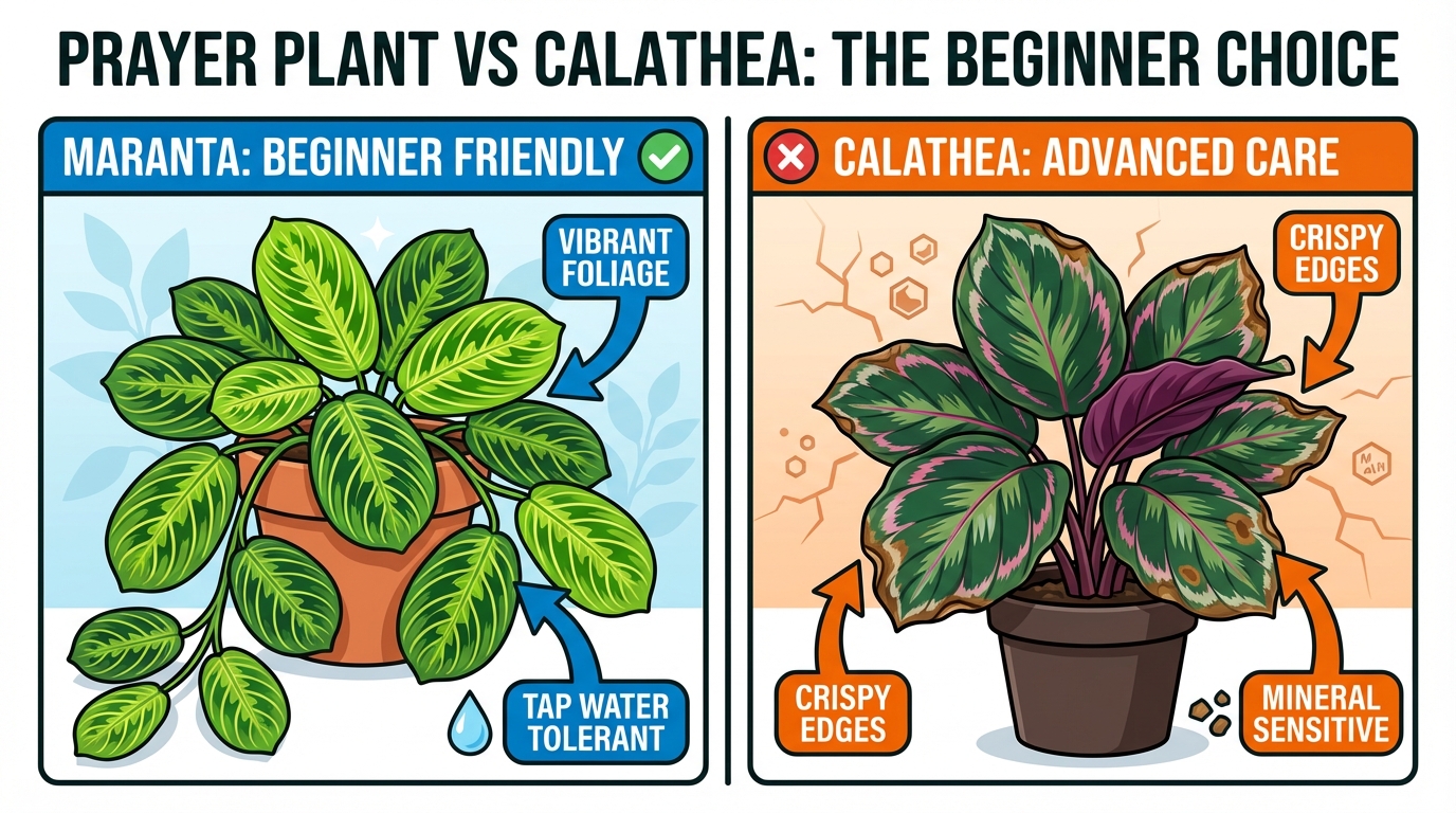 A side-by-side comparison showing a healthy green prayer plant next to a struggling calathea with brown leaf edges.