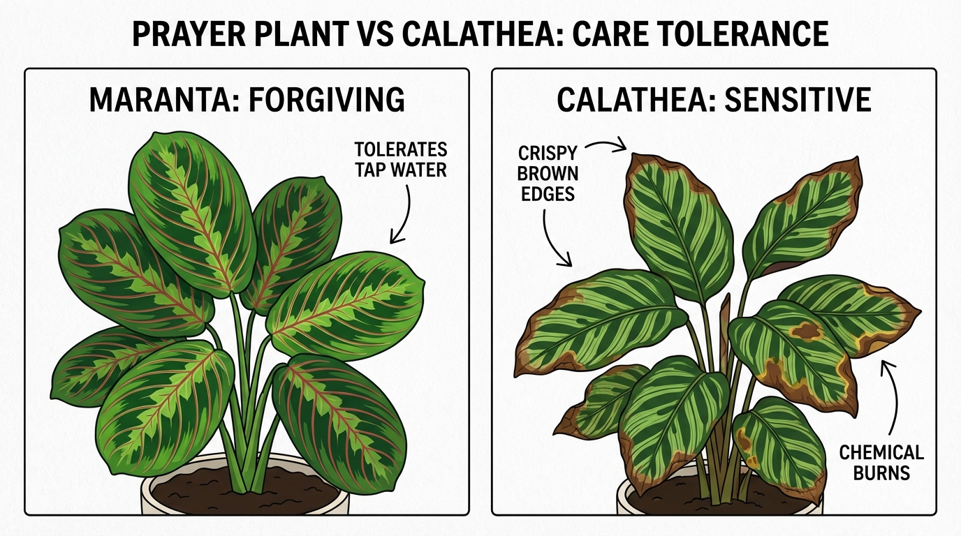 Side-by-side comparison of a healthy green prayer plant and a calathea with dry brown leaf edges.