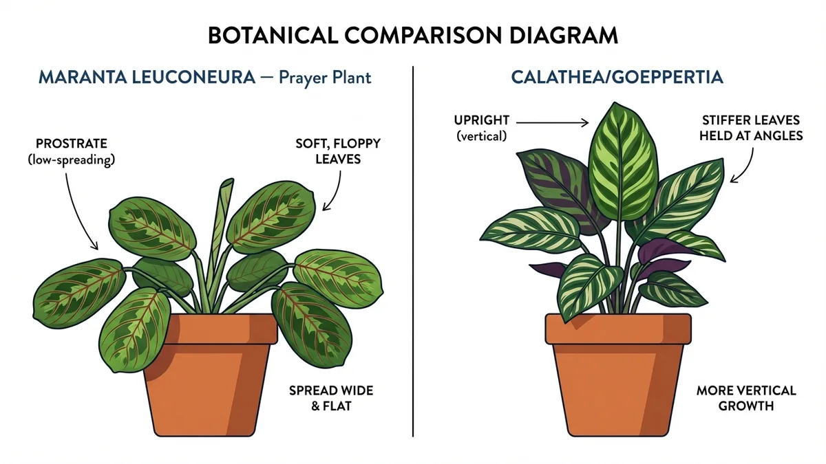 Prayer plant (Maranta leuconeura) vs Calathea comparison showing different growth habits and leaf positions