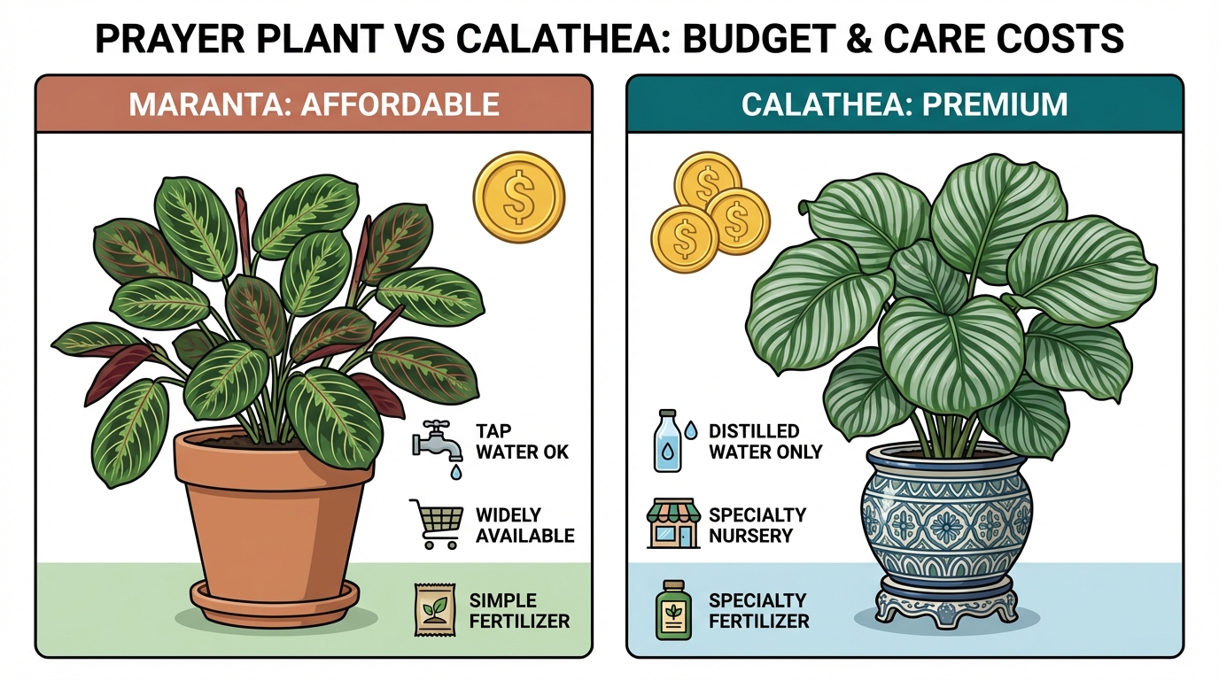 Side-by-side comparison showing a Maranta in a simple pot versus a Calathea in a premium pot with cost icons.