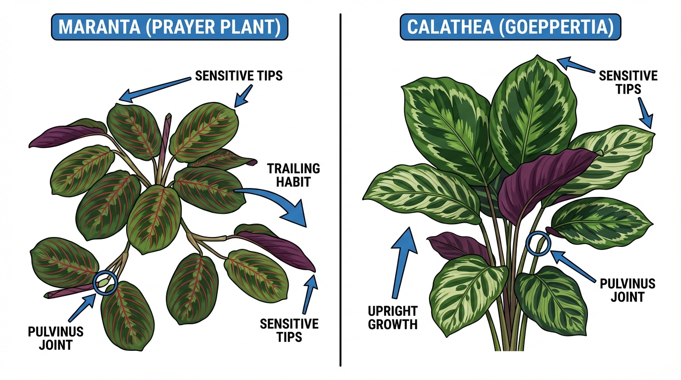 Side-by-side comparison of a trailing Maranta prayer plant and an upright Calathea with labeled leaf joints.