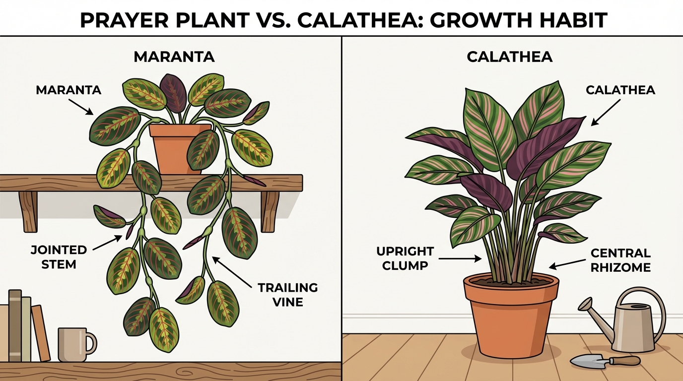 Side-by-side illustration of a trailing Maranta plant with long vines and an upright Calathea with vertical stems.