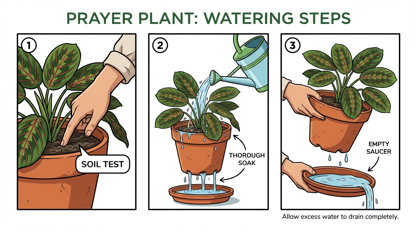 Three panels showing how to test prayer plant soil with a finger, soak it thoroughly, and empty the drainage saucer.