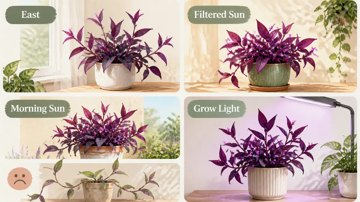purple heart plant care light map showing window and grow light options for purple color