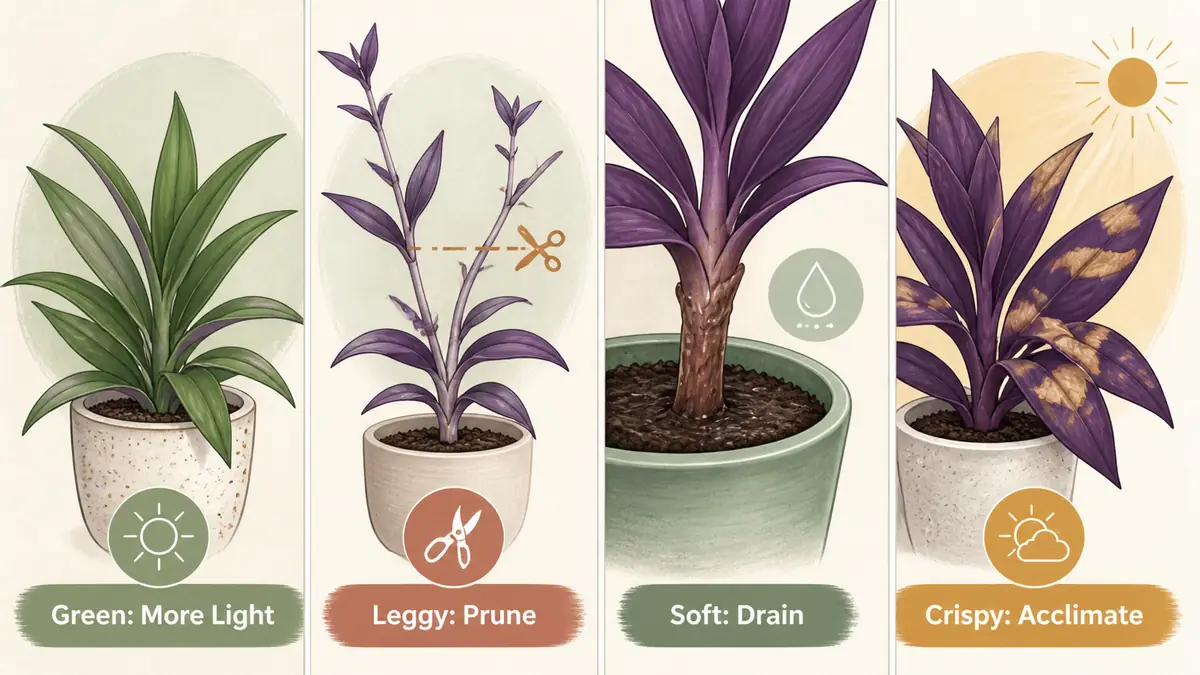 purple heart plant care problem guide showing green leaves leggy stems wet roots and crispy sun patches