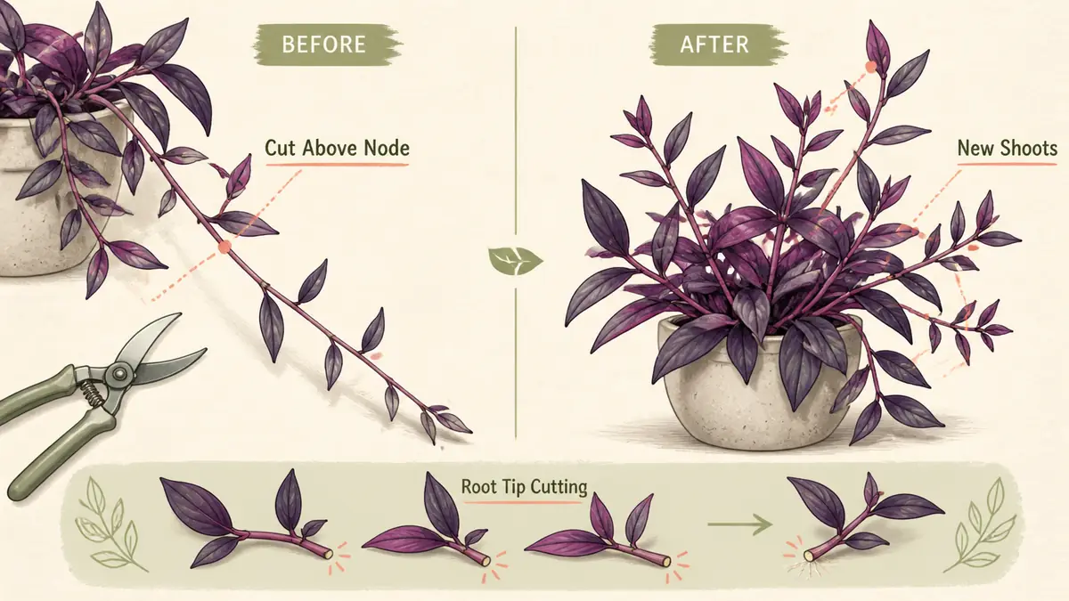 purple heart plant care pruning node guide showing where to cut for bushier purple growth