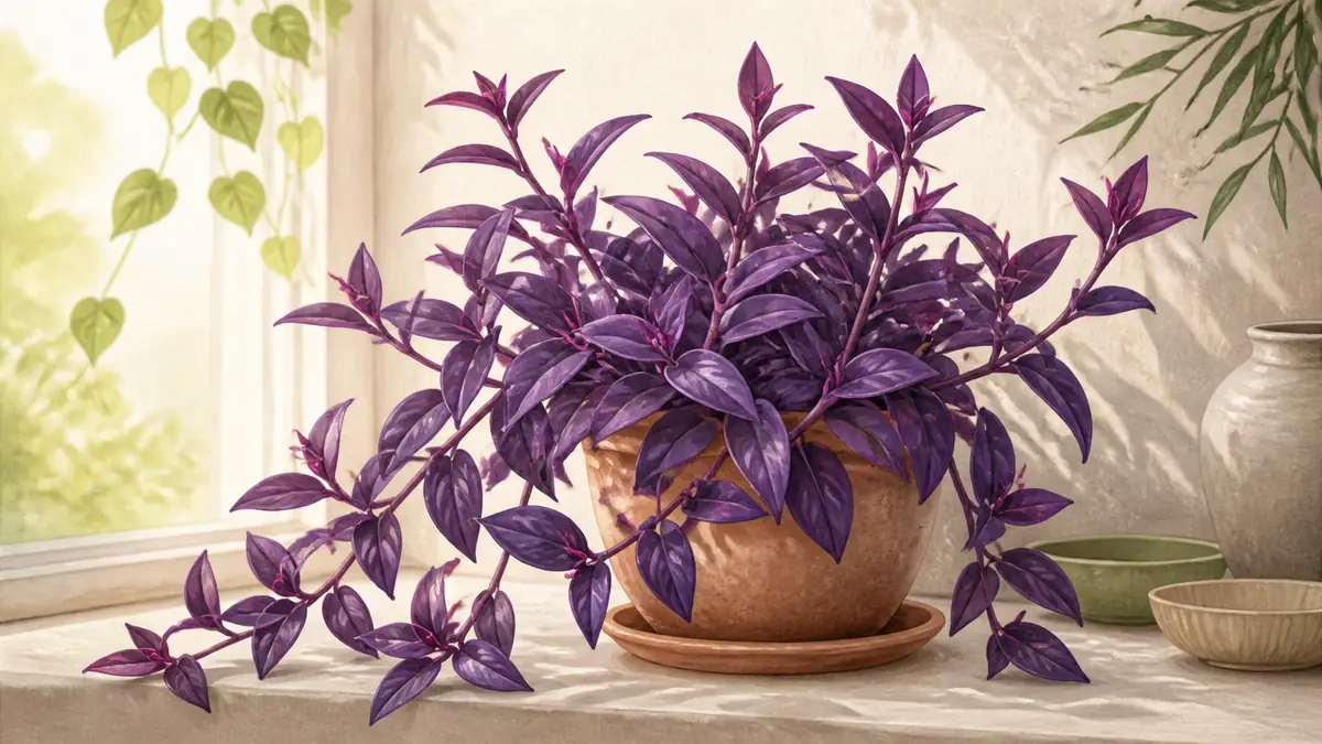 purple heart plant care guide showing rich purple bushy Tradescantia pallida growth in a pot