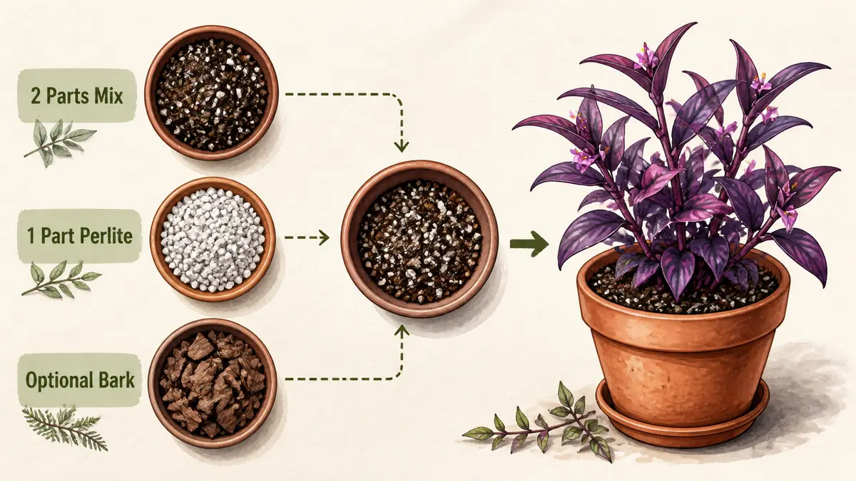 purple heart plant care soil mix infographic with potting mix perlite and bark