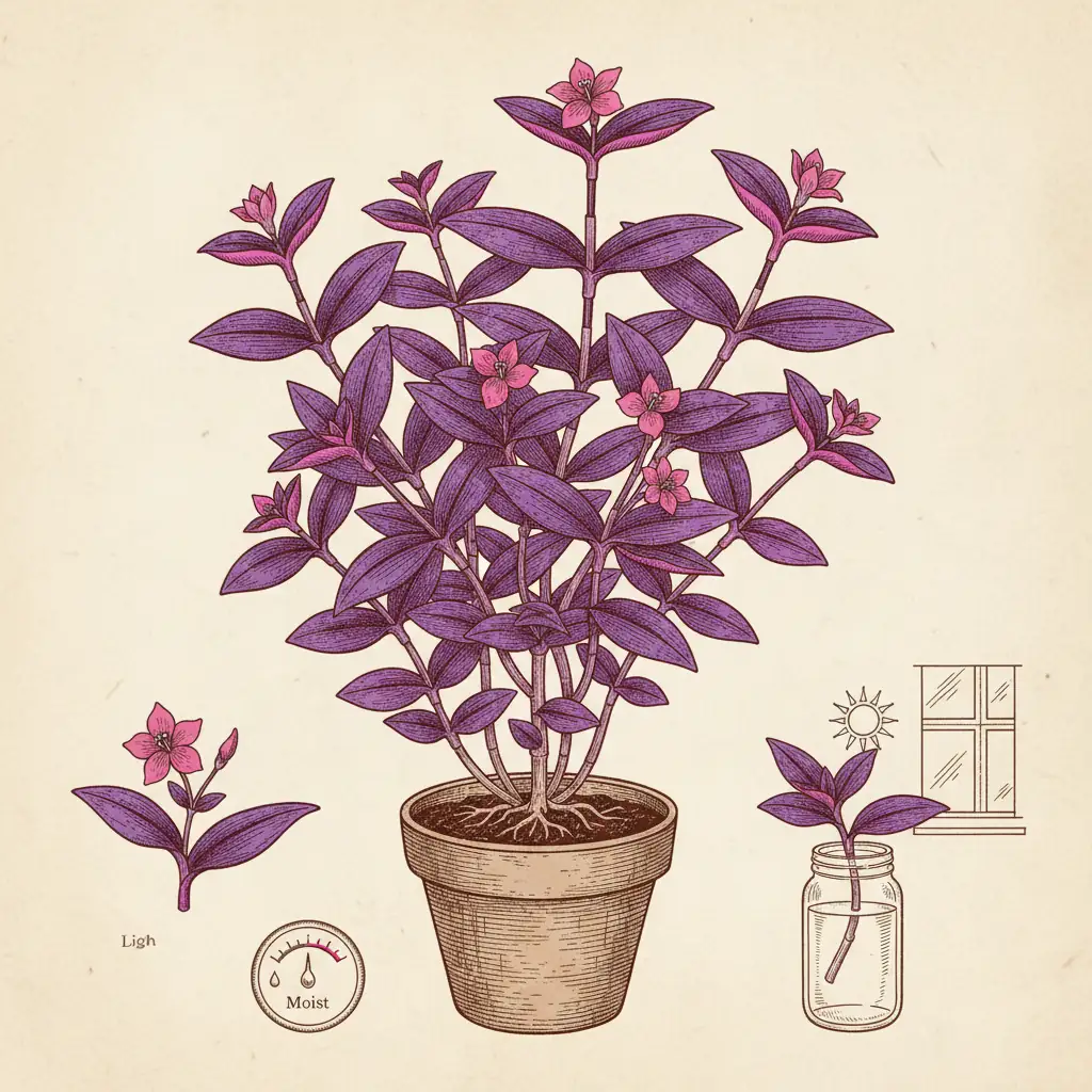 purple heart plant care with vibrant purple leaves and pink flowers