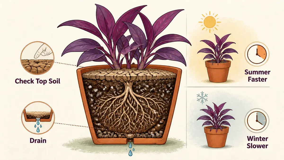 purple heart plant care watering rhythm infographic showing dry top soil drainage and seasonal watering