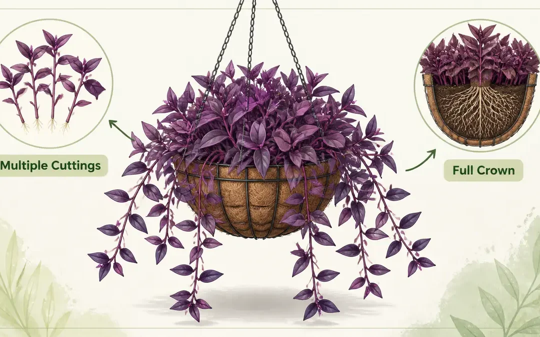 purple heart plant hanging basket full setup with multiple cuttings