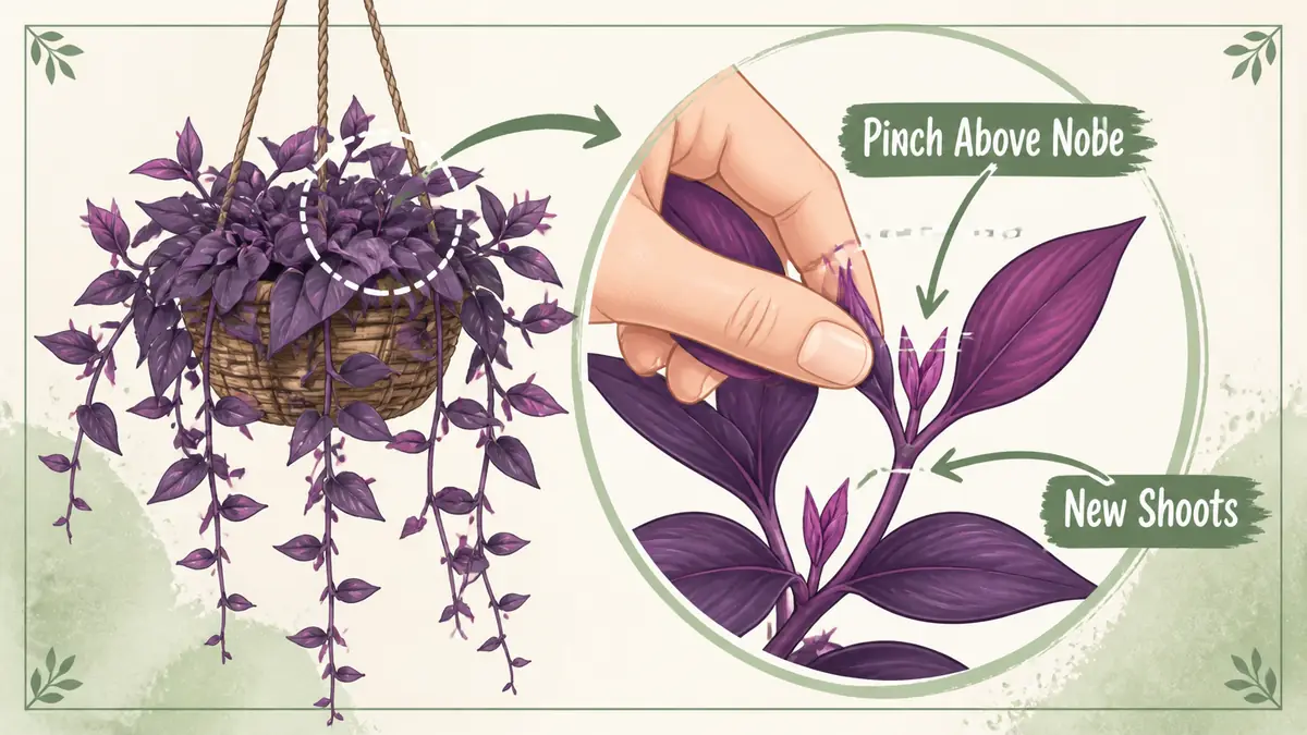 purple heart plant hanging basket pinching guide for fuller top