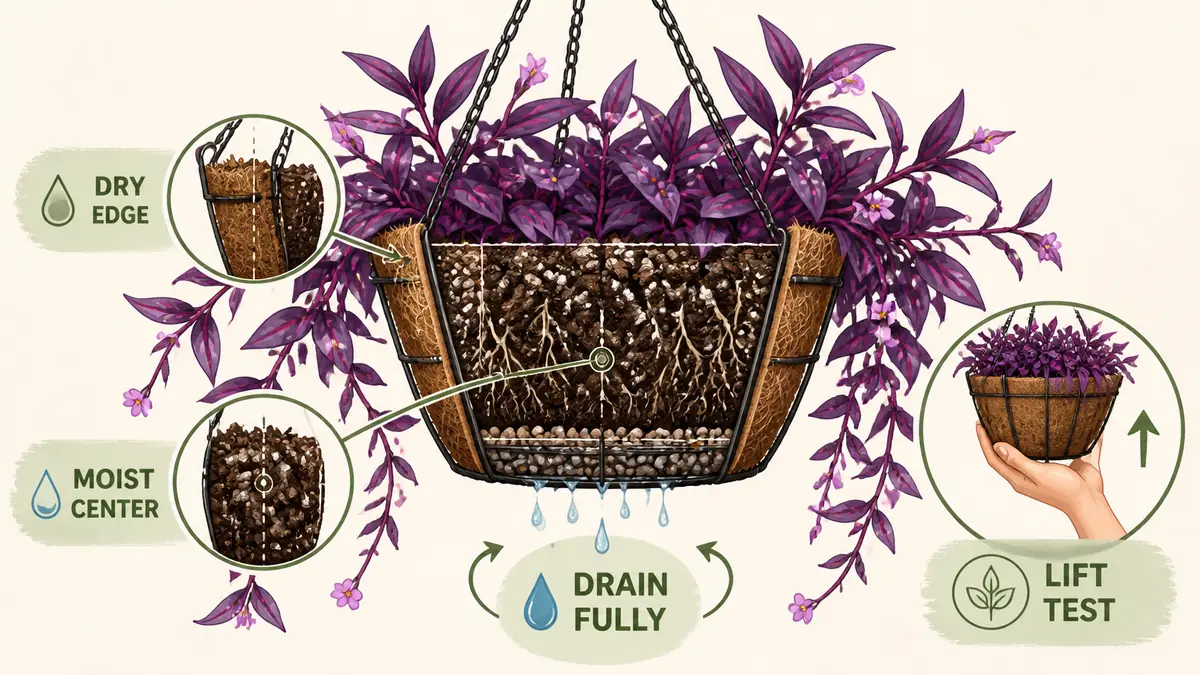 purple heart plant hanging basket watering by weight and drainage