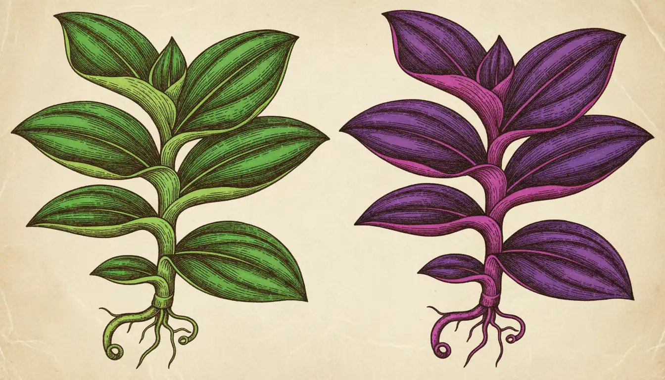 purple heart plant turning green leaves next to purple leaves comparison