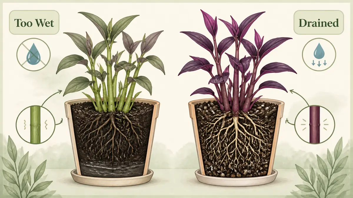purple heart plant turning green wet root zone versus drained root zone