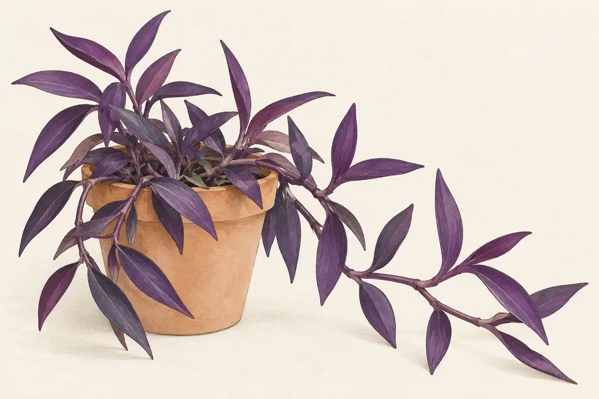 Illustration of purple heart with purple leaves and trailing stems in a clay pot