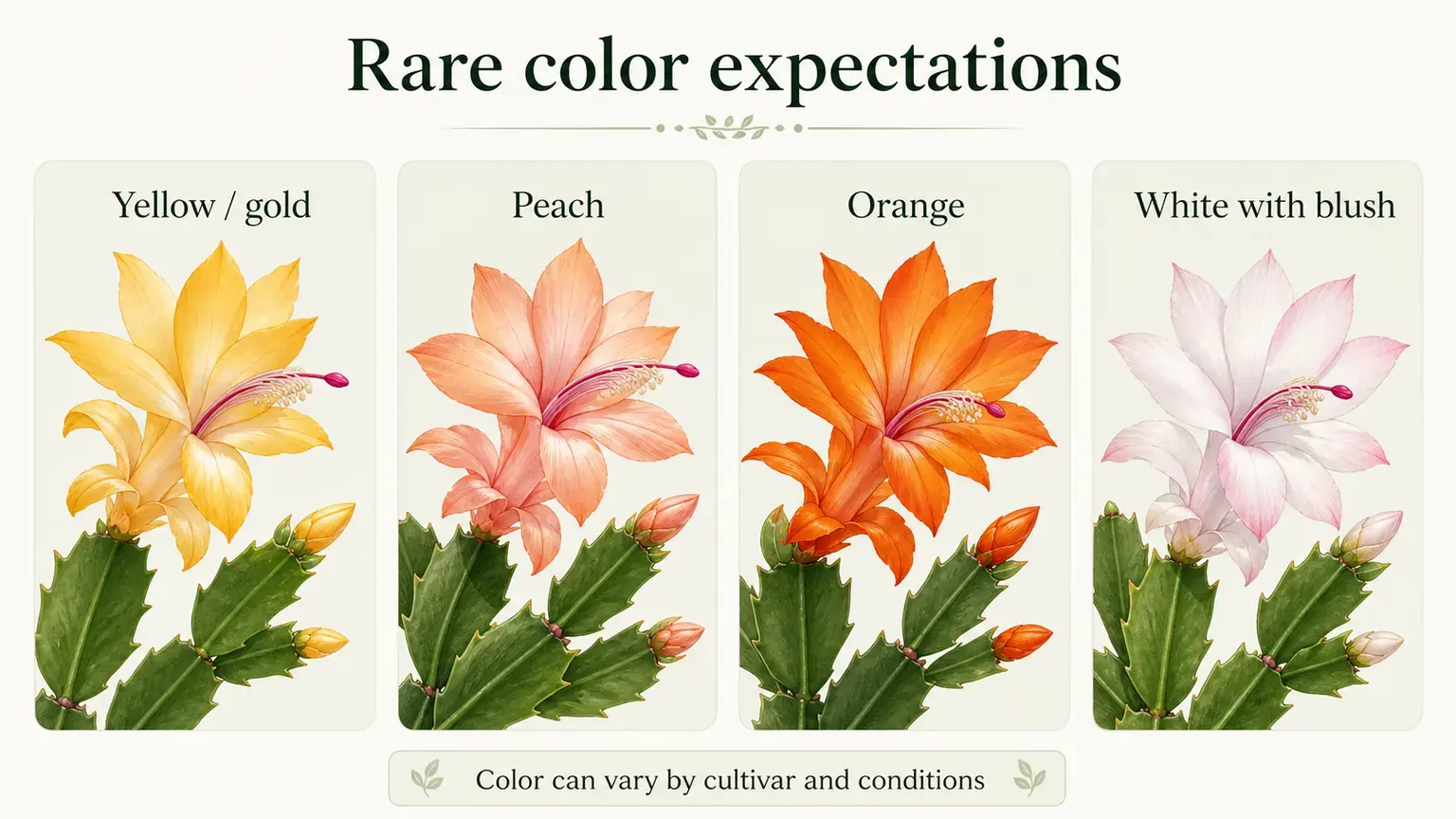 Labeled rare Christmas cactus color guide showing yellow gold peach orange and white with blush