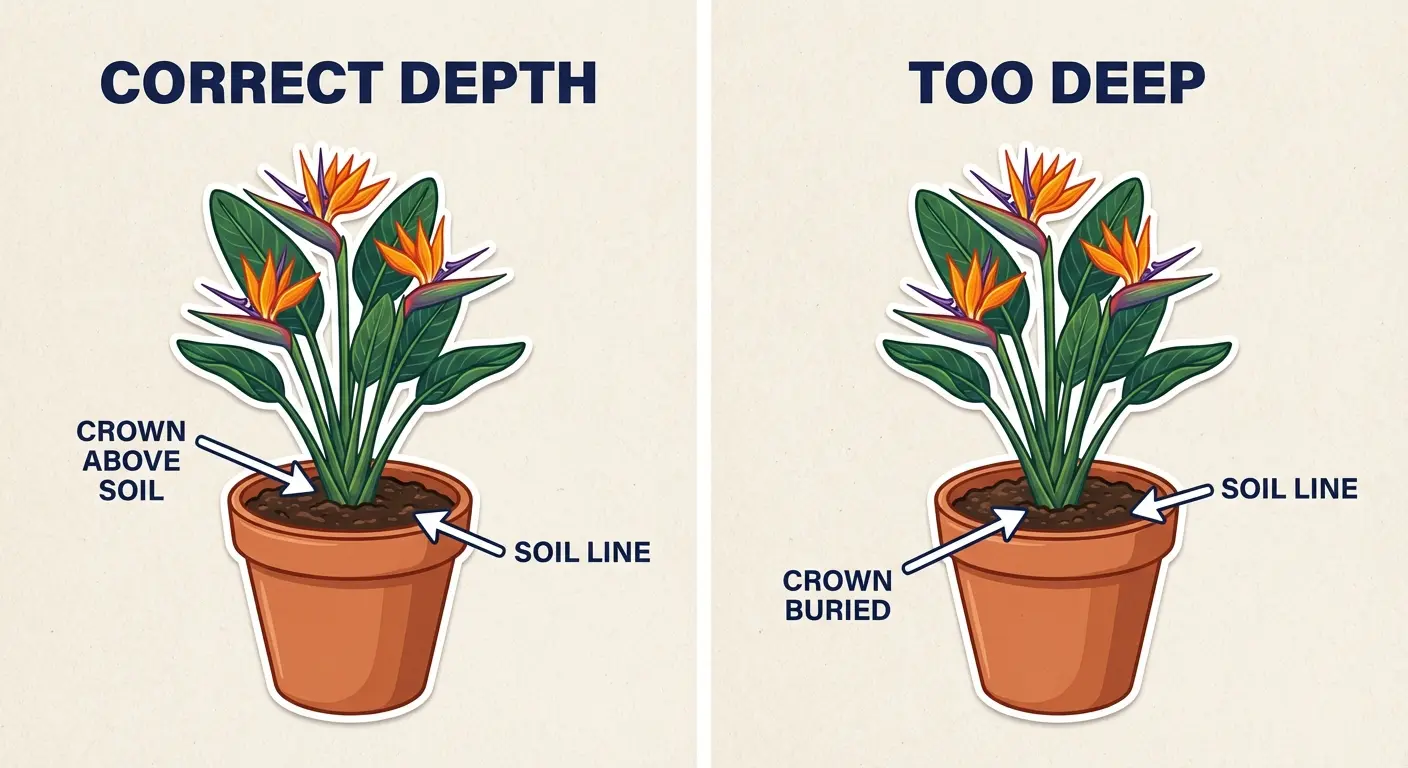 Avoiding burying the crown when repotting bird of paradise, preventing collar rot.