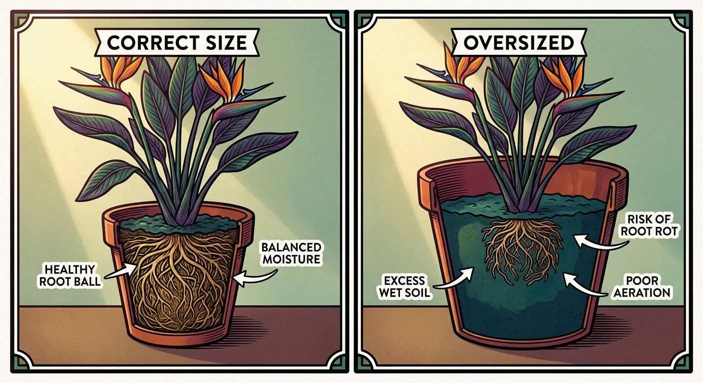 Avoiding the bigger is better trap when repotting bird of paradise, showing the risks of root rot in oversized pots.