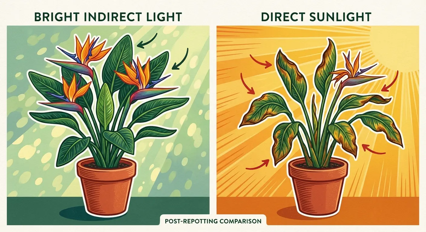 Avoiding rushing the sun exposure after repotting a bird of paradise to prevent leaf burn and stress.