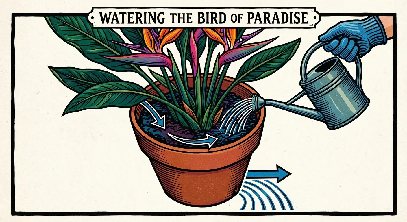 Watering a repotted bird of paradise thoroughly to hydrate the roots and settle the soil.