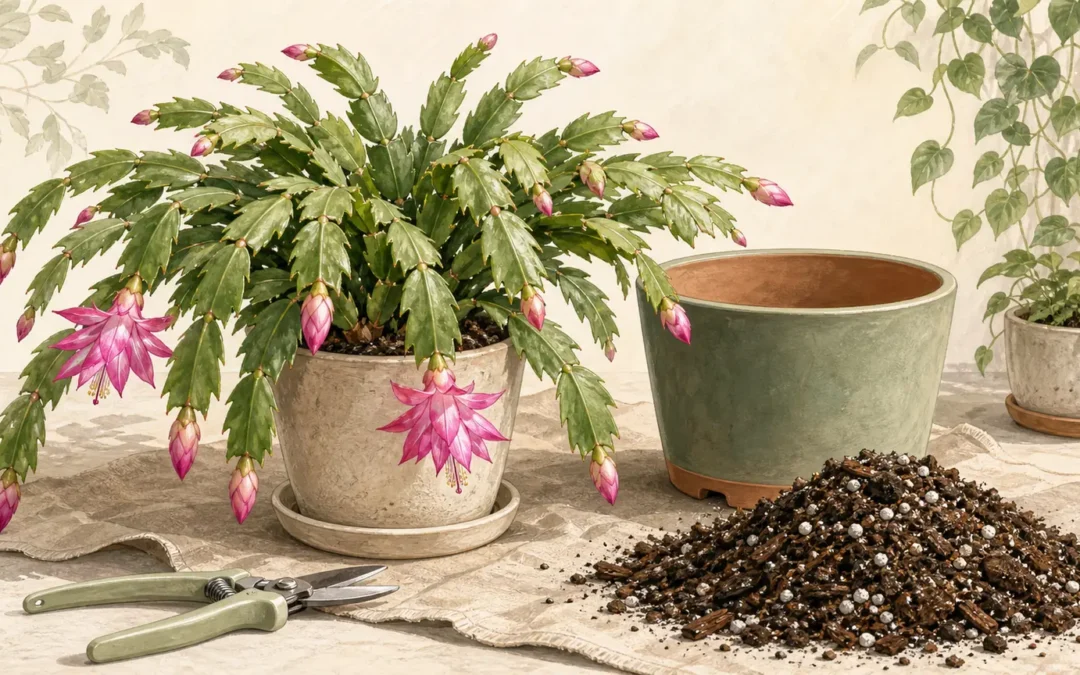 Illustrated Christmas cactus repotting setup with current pot, slightly larger pot, and airy potting mix