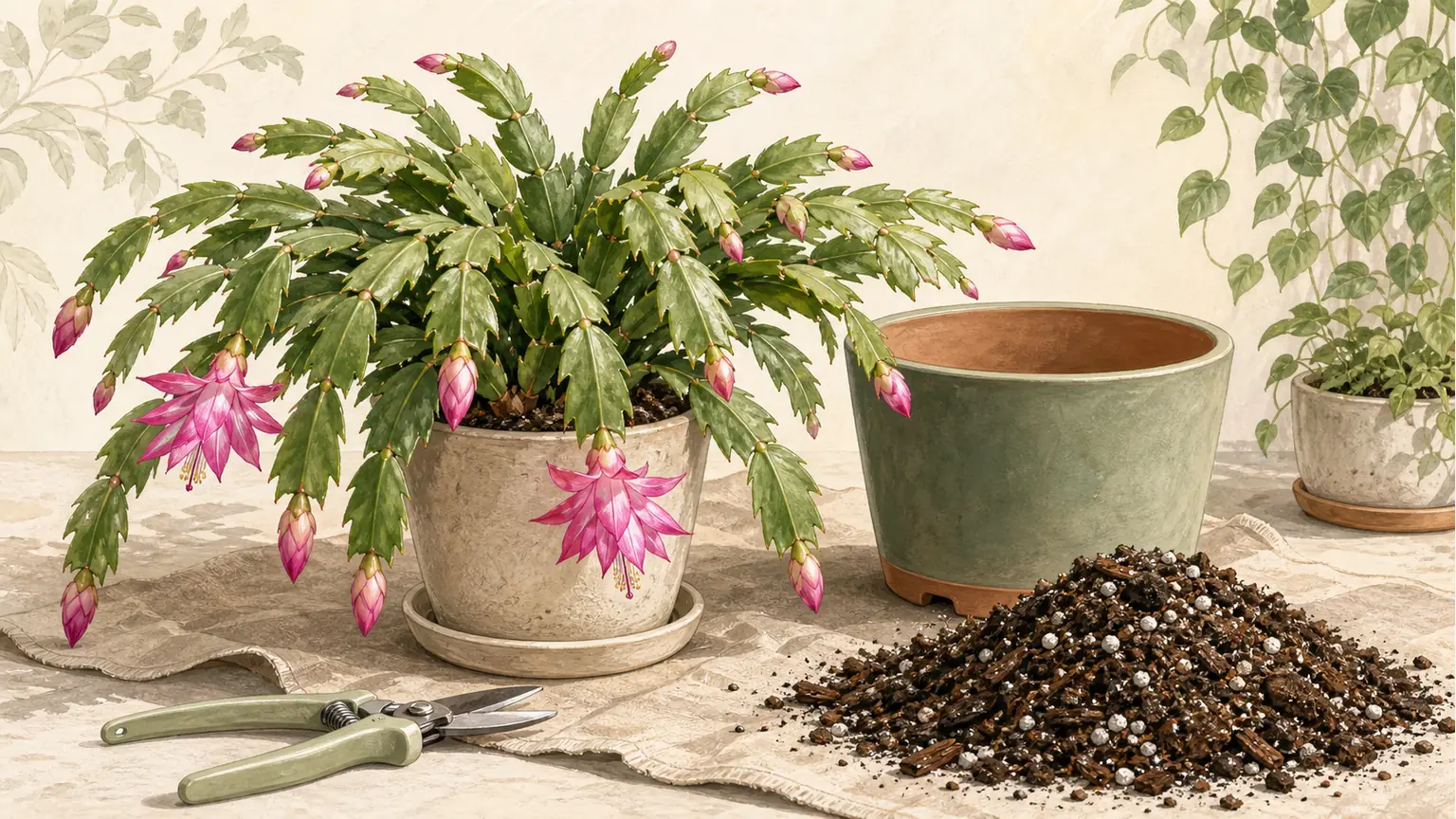 Illustrated Christmas cactus repotting setup with current pot, slightly larger pot, and airy potting mix