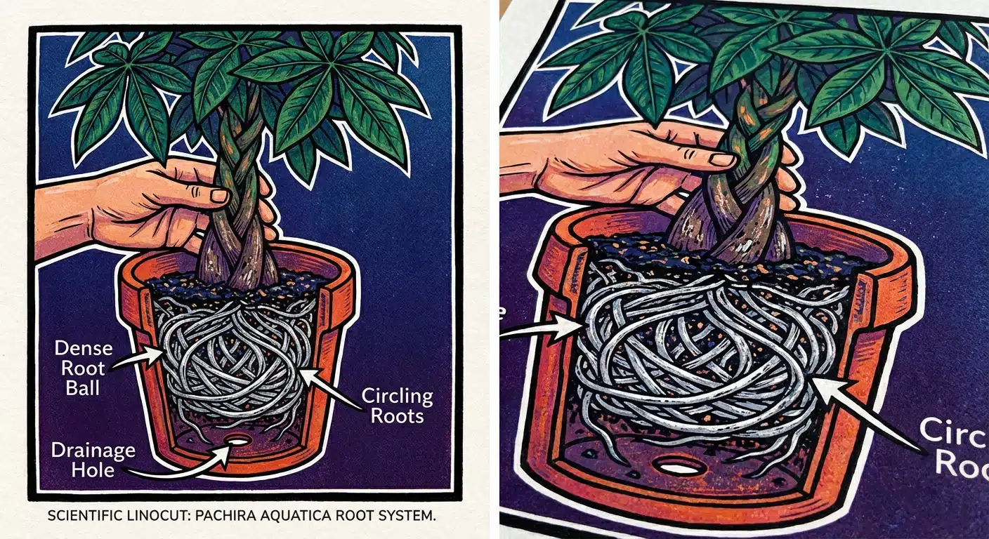 Repotting Money Tree: Illustration showing a root-bound Pachira aquatica ready for repotting