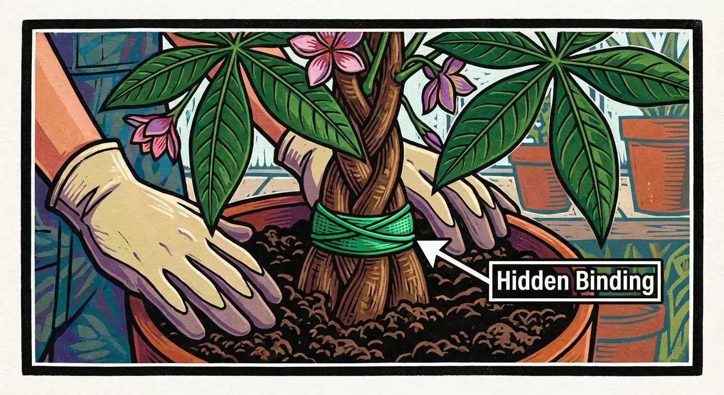 Repotting Money Tree: Removing a hidden rubber band constricting a Pachira aquatica trunk.