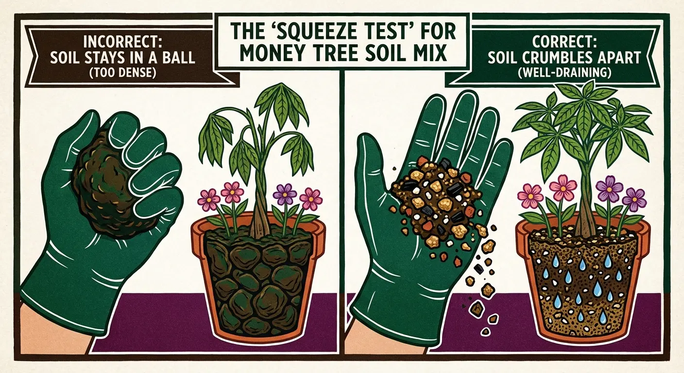 Repotting Money Tree: Illustration of the soil 'Squeeze Test' to check for proper drainage.