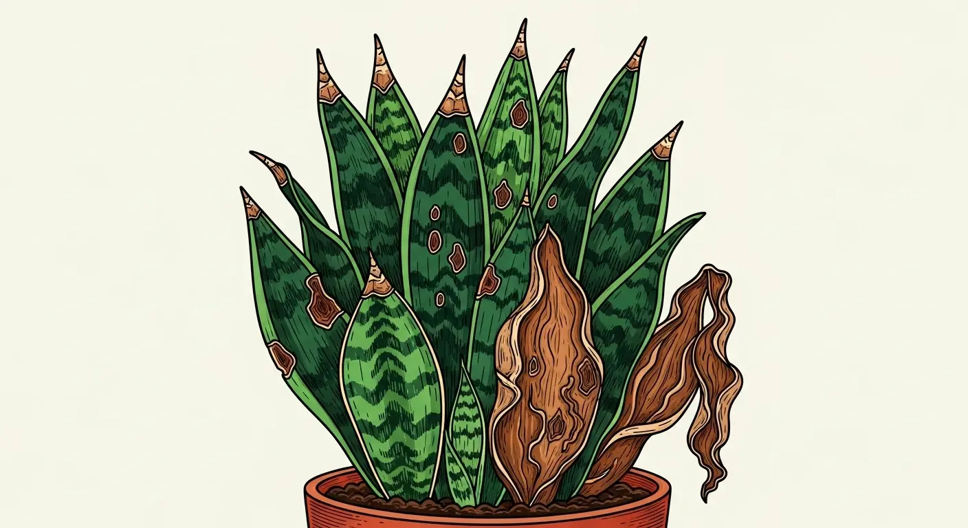 A detailed linocut illustration diagnosing the issue of snake plant brown leaves. The image clearly contrasts healthy green leaves with leaves showing distinct brown tips, brown spots, and one leaf that is entirely brown and crispy.