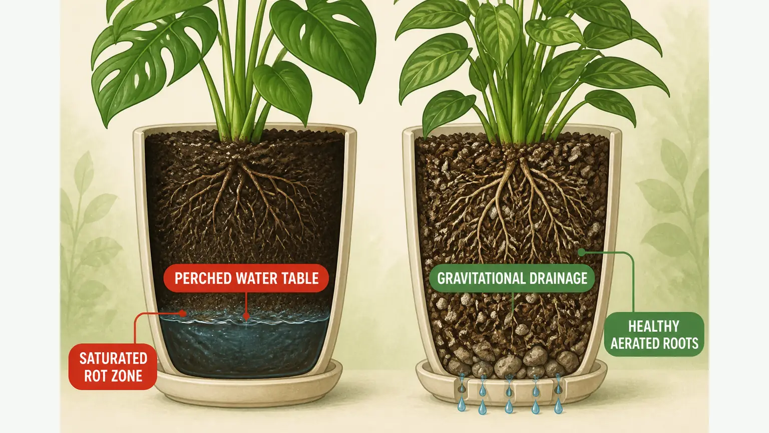 Comparison diagram of a perched water table in dense vs gritty soil