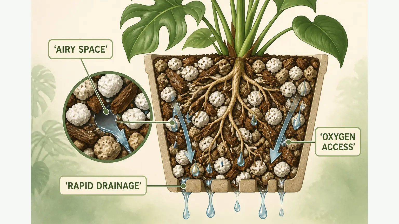 Infographic showing soil aeration and water drainage in a gritty mix