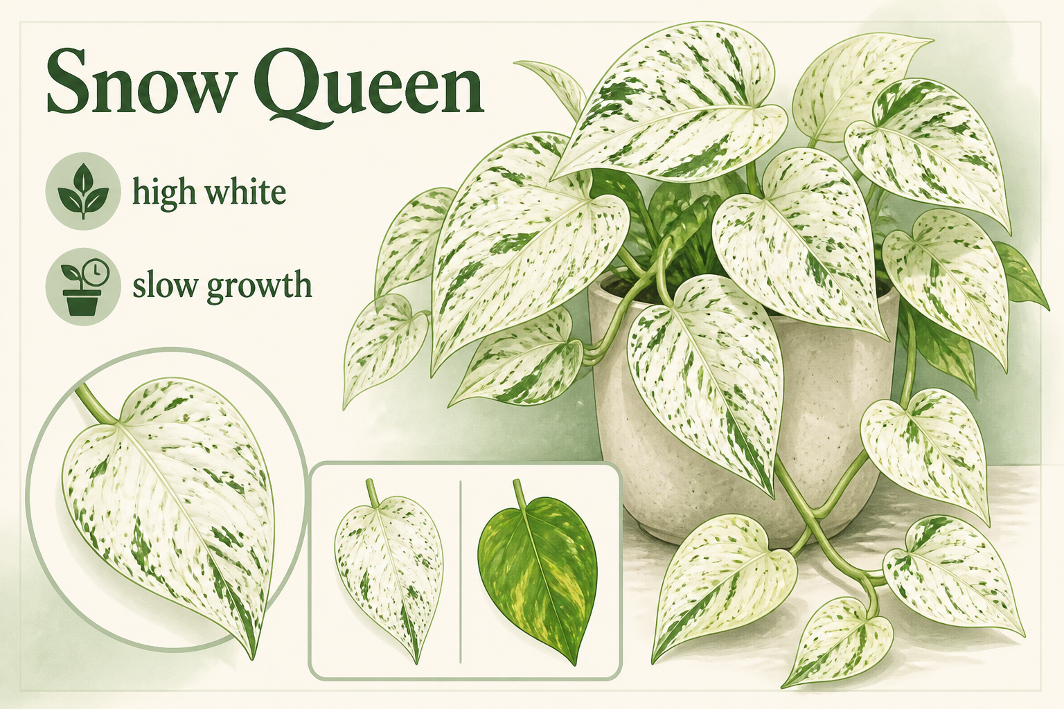 Illustrated visual ID guide for Snow Queen Pothos showing its typical leaf pattern