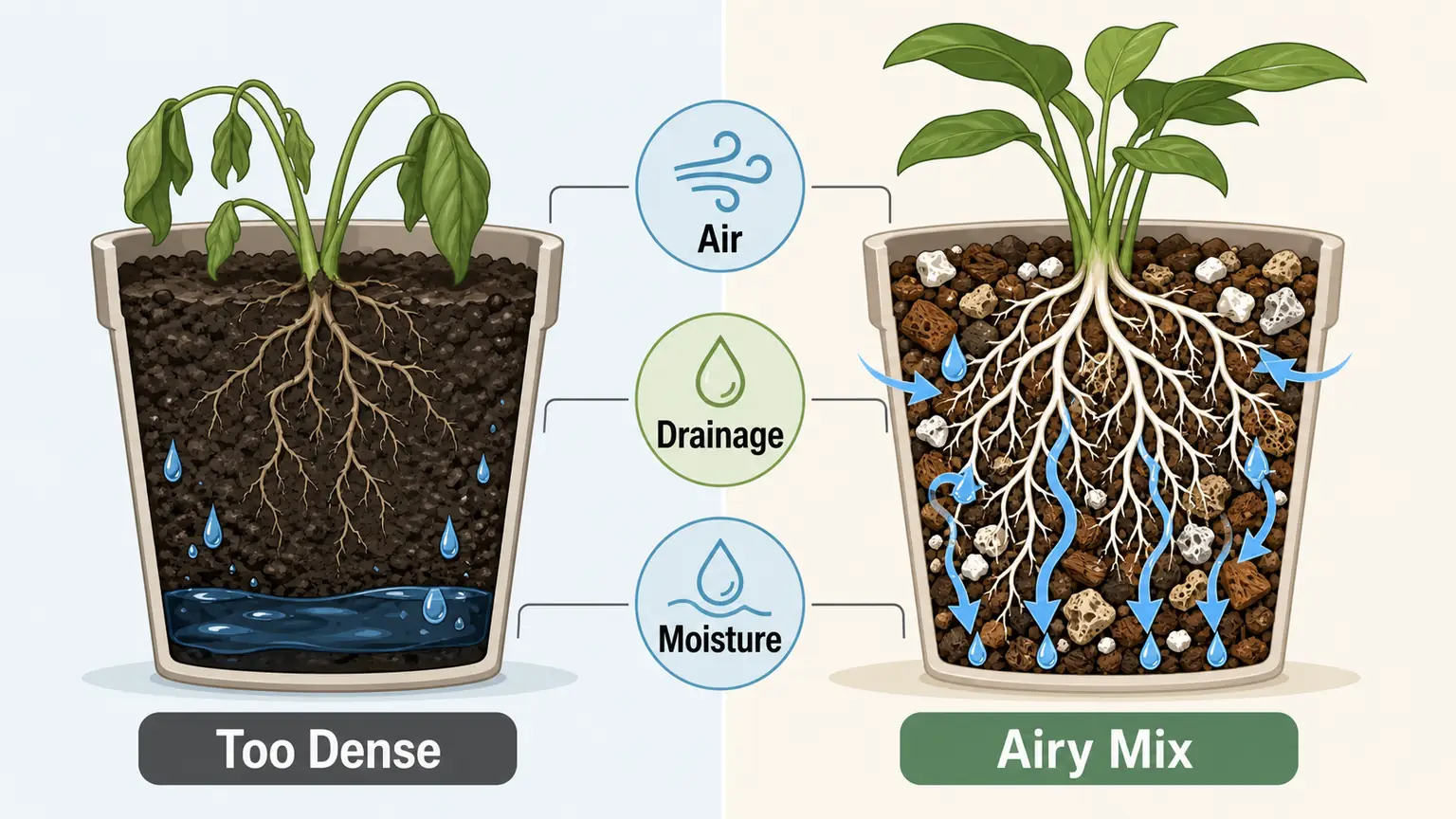 Illustrative comparison of dense soggy potting soil and an airy indoor plant mix with healthy roots