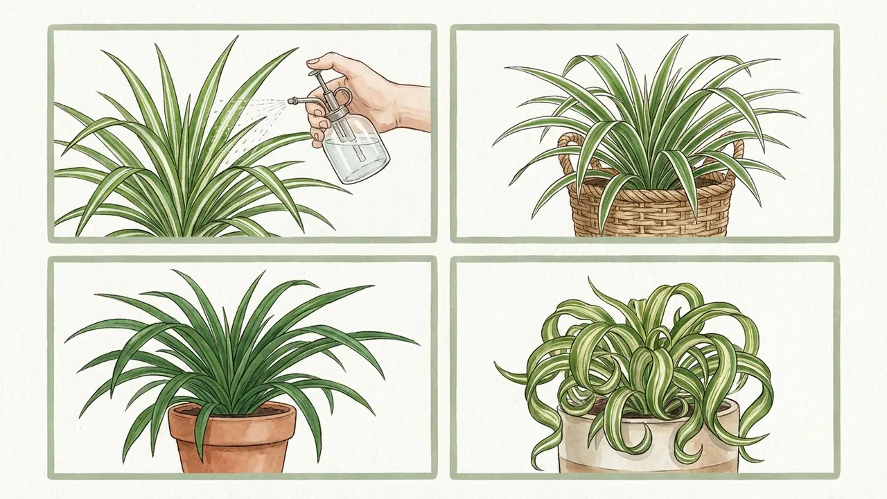 spider plant care varieties grid showing 'Vittatum', 'Variegatum', 'Pure Green', and 'Bonnie' curly spider plants.