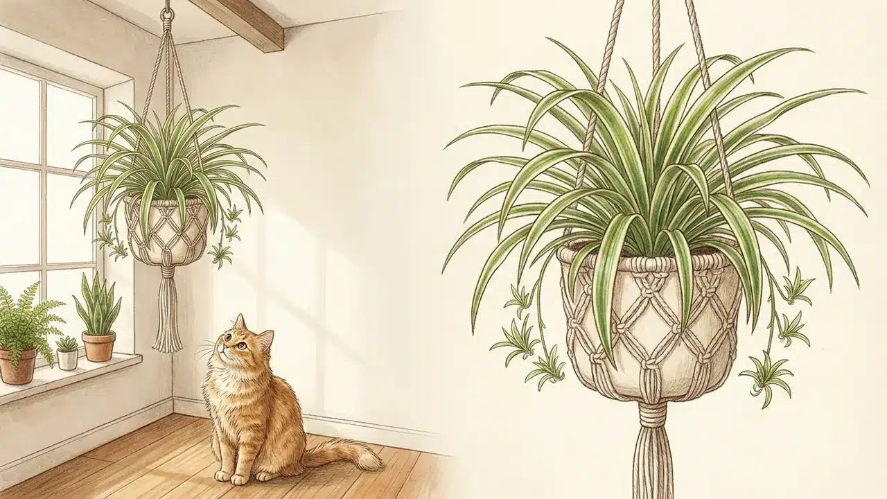 spider plant care with a cat, showing a healthy spider plant hanging in a macrame planter, safely out of reach of a curious cat.