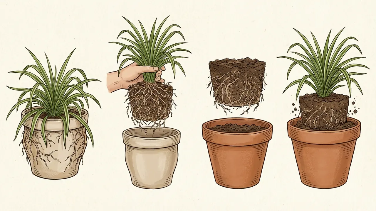 spider plant care repotting process showing bulging pot, root ball extraction, and placement into a slightly larger new pot.